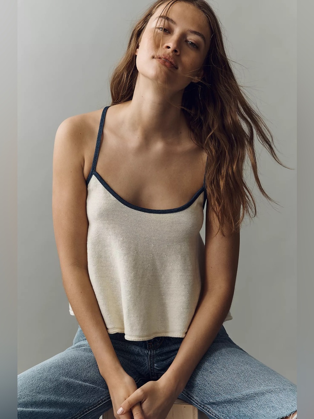 Pilcro Cream Cotton Linen Sleeveless Sweater Tank Cami with Navy Trim